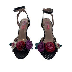 Betsey Johnson Polka Dot/Stripe 3D Flower Detail Ankle Strap Heels Women's SZ 6
